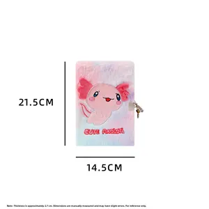 Detailed view of plush axolotl diary with dimensions 21.5cm by 14.5cm and metal lock