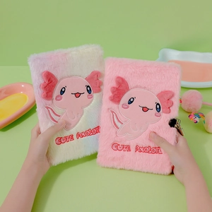 Pink and rainbow plush axolotl journals with metal locks and keys for girls