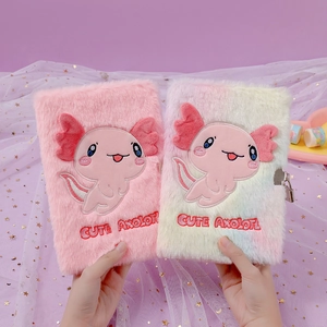 Cute Axolotl Plush Locked Notebook For Girls Soft Fuzzy Secret Diary With Metal Heart Lock And Keys Stationery Gift