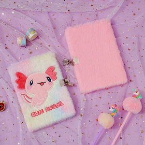 Close-up of plush axolotl diary with rainbow faux fur cover and a metal lock set