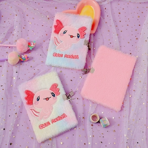 Cute plush axolotl A5 notebook with metal heart lock and keys in pastel gradient