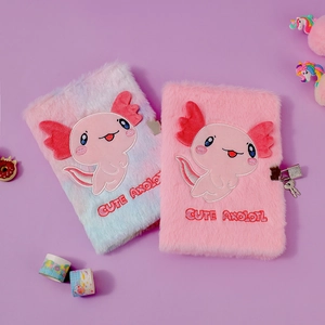 Plush axolotl diary with metal lock and key in soft pink and blue gradient fur