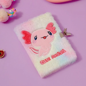 Close-up of plush axolotl notebook featuring a metal heart lock and two small keys