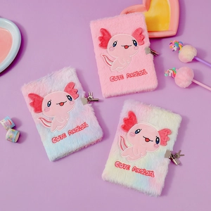 Close-up of pink plush axolotl notebook featuring silver metal lock and cute embroidery