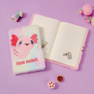 Cute plush axolotl diary for girls with metal lock and keys, A5 size fluffy notebook