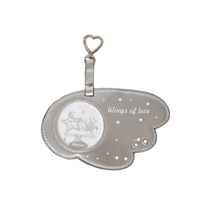 Silver angel wing shaped badge holder for 70mm round badges with heart-shaped hook