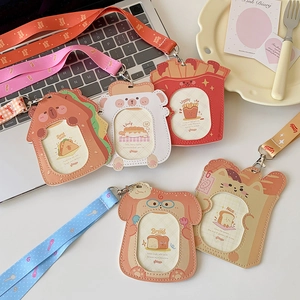 Originale Simpatico Portatessera ID in Pelle PU Cartone Animato Con Cordino Serie Bakery Orso Cane Patatine Gatto Manica Per Studenti