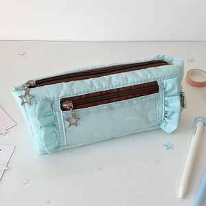 Detail of light blue pleated pencil case with double star zippers and woven label