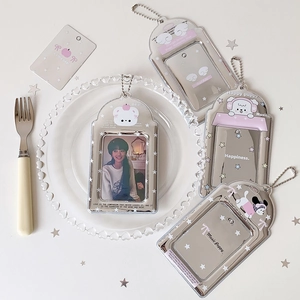 Silver angel wing acrylic photocard holders with beaded chains and cute puppy designs