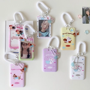 Cute cartoon puppy ID card holder with elastic lanyard and acrylic charm keychain