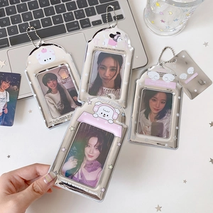 Silver Mirror PVC Cartoon Card Holder Photo Card Storage Bag Charm Pendant For K-pop Fans With Bear Dog Angel Wings Pattern