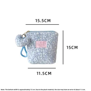 Blue leopard plush makeup bag dimensions showing 15.5cm width and heart charm