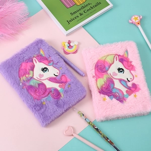 Cute Plush Unicorn Notebook Faux Fur Journal Diary Rainbow Mane Embroidery Stars Heart Lined Pages Office School Stationery Gift