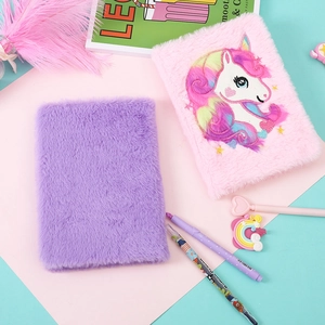 Pink plush unicorn notebook with rainbow embroidery and soft fluffy texture for girls