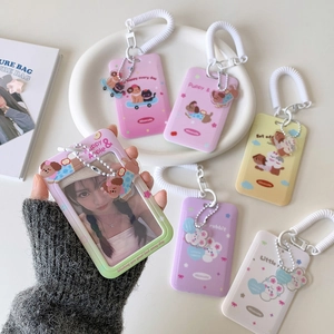 Cute cartoon sliding card holder with retractable spring lanyard and puppy illustration