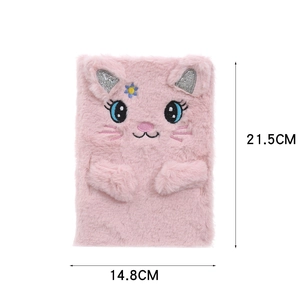 Pink plush notebook with cat embroidery and dimensions of 14.8cm x 21.5cm detail