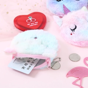 Cute plush cartoon cat coin purse in mint green and pink with metal keychain