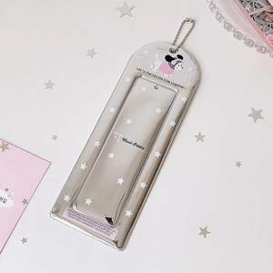 Silver metallic Music Puppy photocard holder with star sequins and a bead chain