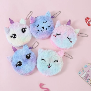 Plush Coin Purse Keychain Cartoon Cat Unicorn Tie Dye Gradient Mini Wallet For Kids Girls