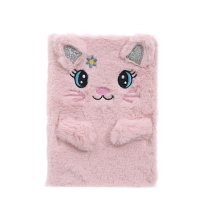 Cute pink plush cat notebook with sequin ears and embroidered details on white background