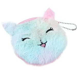 Detailed macro view of a fluffy cat coin purse with soft pastel gradient plush texture