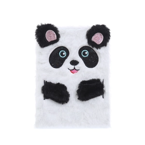 Close-up of a plush panda notebook featuring soft white fur and 3D ear details