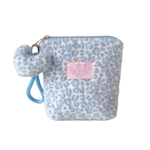 Winter plush leopard print makeup bag in light blue with heart pendant and soft handle