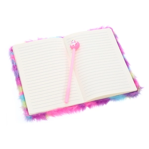 Rainbow plush unicorn notebook set with matching decorative pen on white background