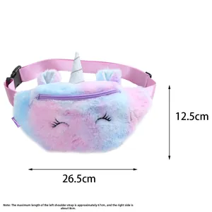 Detail view of plush unicorn waist bag with dimensions 26.5x12.5cm and adjustable strap
