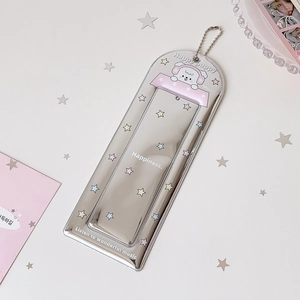 Silver mirror card holder with colorful stars, happy puppy design, and metal bead chain