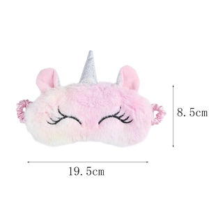 Detail showing dimensions of the plush unicorn sleep mask with silver glitter horn