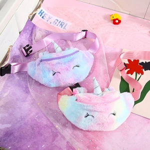 Close-up of unicorn plush waist bag with soft purple fur, horn and embroidery detail