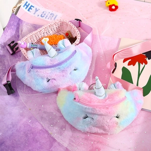 Close-up of plush unicorn waist bag with gradient faux fur and embroidery details