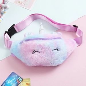 Detail of plush unicorn fanny pack with gradient fur and silver glitter horn