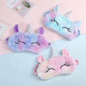 Plush unicorn sleep masks in colorful gradient faux fur with sequin horns for girls
