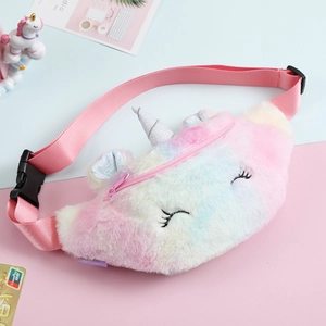Plush unicorn waist bag for girls featuring pastel gradient faux fur and silver horn
