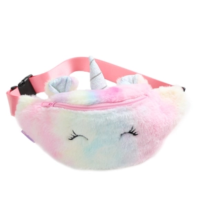 Plush rainbow unicorn waist bag for children with adjustable pink strap and cute embroidery