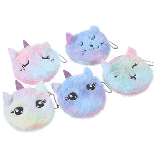 Five cute cartoon cat unicorn plush coin purses with pastel gradient colors and keychains