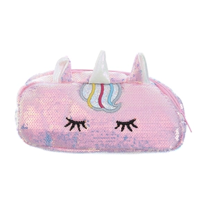 Trousse licorne rose avec paillettes sirène, corne 3D argentée et détails arc-en-ciel