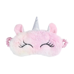 Cute pink plush unicorn sleep mask with silver horn and soft elastic strap on white background