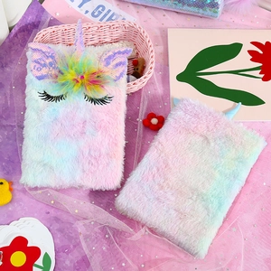 Detailed view of the soft unicorn plush notebook with colorful faux fur and sequined embroidery
