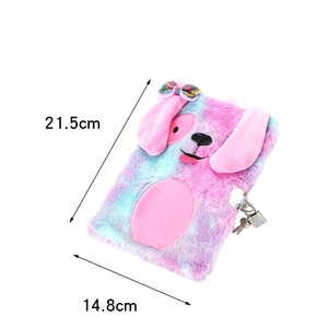 Detail of plush dog notebook with locking mechanism and gradient pastel faux fur