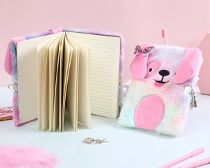 Plush rainbow dog diary set with lock and pen showing inner pages and furry cover