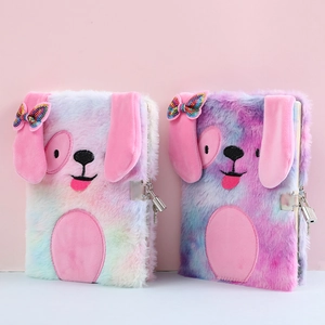 Cute plush rainbow dog diary notebooks for girls with heart-shaped metal locks and keys