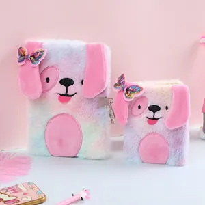 Detail of plush cartoon dog diary with lock, showing soft faux fur and embroidery