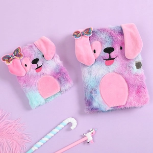Cute tie-dye plush dog notebook set with lock and sequins for girls creative gift