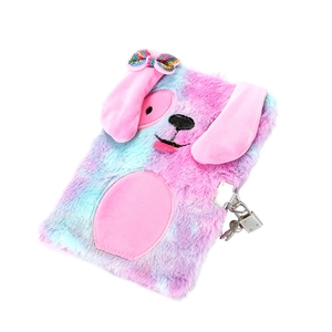 Plush tie-dye puppy diary for girls with heart padlock and keys on white background
