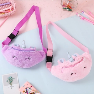 Cute plush unicorn waist bags for kids in pink and purple with sequined horns