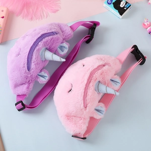Close-up of pink and purple plush unicorn waist bags for kids with soft fur and embroidery