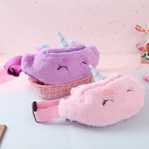 Cute unicorn plush fanny pack for kids with purple and pink faux fur and sequin horns